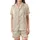 Spring Lounge V-Neck Ribbed Set: Subtle Beige Geometric Grid Pattern - Straight Leg Pajamas Satin Short-Sleeve Pajamas Set - 2