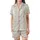 Playful Comfort Tunic: Beige & Off-White Stripes with Teal Bow & Heart Pattern Satin Short-Sleeve Pajamas Set - -Pwh0Vg2V3