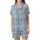 Celestial Dreamer's Stylized Closed Eye & Crescent Moon Design: Muted Dusty Blue Tartan Plaid Satin Short-Sleeve Pajamas Set - 2