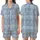 Celestial Dreamer's Stylized Closed Eye & Crescent Moon Design: Muted Dusty Blue Tartan Plaid Satin Short-Sleeve Pajamas Set - 1