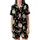 Elegant Floral Embellishment: Peony & Cherry Blossom Motif - Deep Black, Muted Gold & Sage Palette Satin Short-Sleeve Pajamas Set - 2
