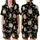 Elegant Floral Embellishment: Peony & Cherry Blossom Motif - Deep Black, Muted Gold & Sage Palette Satin Short-Sleeve Pajamas Set - 1