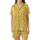 Playful Spirit: Light Warm Grey Feathers on Vibrant Yellow Wearable Satin Short-Sleeve Pajamas Set - 2