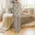 Highland Cow Graphic: Tan Fur Heads, Cream Horns, Leopard Bows, Heather Grey Base Satin Pajamas Set - 3