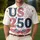 USA 250th Birthday Patchwork Appliqué Stars Hearts Gingham Wreath Patriotic Cream Men's Polo Shirt (Lightweight) - 4