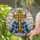 Tiffany Glass Latin Cross Amber Blue Forget-Me-Not Flowers Green Vines - Spiritual Decor Stained Glass Suncatcher - 1