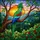Stained Glass Crested Parrot Bird Mountain Sunset - Tiffany Emerald Ruby Sapphire Stained Glass Suncatcher - 5