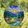 Green Creature Mossy Rock River Red Mushroom Mountain Peaks Pine Trees Sun Stained Glass Suncatcher - 1
