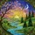 Setting Sun Crescent Moon River Landscape Cherry Blossom Conifer Trees Tiffany Jewel Tones Stained Glass Suncatcher - 5