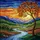 Autumn Tree Multi-Hued Leaves, Glowing Sunset Mountain River Landscape Scene Stained Glass Suncatcher - 5