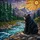 Black Bear River Mountains Evergreen Trees Stained Glass - Sun Rays Window Decor Stained Glass Suncatcher - 5