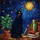 Sleek Black Cat Glowing Star Tiffany Glass - Potted Plant Stacked Books Starry Night Decor Stained Glass Suncatcher - 5