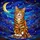 Smiling Tabby Cat Green Eyes Perched on Rocks Tiffany Glass Night Sky Moon Stars Stained Glass Suncatcher - 5