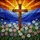 Highly Detailed Jewel Tone Rustic Wooden Cross, Daisy Field, Mountain Sunburst Sky Stained Glass Suncatcher - 5
