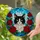 Black Tuxedo Cat Red Roses Tiffany Style - Green Eyed Pet Blue Sky Mosaic Jewel Tone Stained Glass Suncatcher - 2
