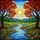 Tiffany Stained Glass River Landscape, Red Orange Trees, Wildflowers, Sun Hills, Full Frame Stained Glass Suncatcher - 5