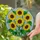 Tiffany Stained Glass Five Sunflowers, Lush Leaves, Textured Mosaic, Frosted Sky Art Stained Glass Suncatcher - 2
