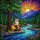 Otter Playing Acoustic Guitar River Mountain Sunset Stained Glass Forest Artwork Stained Glass Suncatcher - 5