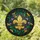 Golden Fleur-de-lis Tiffany Stained Glass Art - Jewel Tone Green Leaves Purple Flowers Mosaic Dark Background Stained Glass Suncatcher - 1