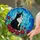 Black White Tuxedo Cat, Red Roses & Green Foliage - Swirling Blue Teal Stained Glass Stained Glass Suncatcher - 2