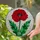 Red Poppy Stained Glass Tiffany Style Flower Mosaic with Green Leaves & Frosted Background Stained Glass Suncatcher - 2