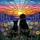 Silhouetted Dogs Alan & Gracie 2018-2025 Wildflowers Sunset Hills Sky Memorial Stained Glass Suncatcher - 5