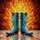 Western Cowboy Boots Stained Glass Art - Tiffany Blue Teal Golden Fiery Landscape Stained Glass Suncatcher - 5