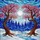 Gnarled Trees Pink Magenta Leaves White Moon Snow Forest River - Stained Glass Stained Glass Suncatcher - 5