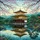 Golden Japanese Temple Cherry Blossom Stained Glass Art - Mirrored Water Garden Stained Glass Suncatcher - 5
