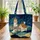 Starry Night Sky Swirls Lighthouse Cottage - Everyday Essentials Gift Quilted Tote Bag - 3