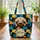 Pug Mosaic Leaves Flowers Name Plate - Pug Lover Gift Quilted Tote Bag - 3