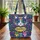Green Eyed Cat Face Swirling Colors Dense Flowers Heart Name Plate - Cat Lover Gift Quilted Tote Bag - 3