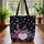 Scattered Ornate Butterflies Floating Heart Leaf Accents Black Background Everyday Tote Quilted Tote Bag - 3