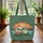 Jumping Fish Camper Trailer Pine Trees Mountain Sunset - Camping Trip Gift Quilted Tote Bag - 3
