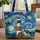 Lighthouse Small House Starry Night Sky Swirling Stars Rolling Hills Quilted Tote Bag - 1