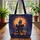 Gothic Haunted House Full Moon Pumpkins Bats Wooden Sign - Halloween Storybook Gift Quilted Tote Bag - 3