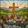Rustic Wooden Cross Wildflowers Hills Mountains - Stained Glass Home Decor Gift Stained Glass Suncatcher - 5