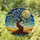 Gnarled Tree of Life Full Moon Glowing Orbs Rolling Hills Cloudy Sky - Home Decor Gift Stained Glass Suncatcher - 1