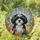 Fluffy Black White Dog with Orange Purple Flowers and Butterflies - Home Decor Gift Stained Glass Suncatcher - 1