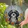 Fluffy Black White Dog with Orange Purple Flowers and Butterflies - Home Decor Gift Stained Glass Suncatcher - 2
