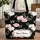 Black Background Pink White Roses Delicate Floral Border Calligraphy Name - Everyday Carry Gift Quilted Tote Bag - 1