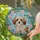 Fluffy White Brown Havanese Dog Pink Purple Blossoms - Teal Blue Geometric Home Decor Gift Stained Glass Suncatcher - 2