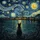 Black Cat Starry Night Cityscape River Reflections Church Steeple - Cat Lover Gift Spare Tire Cover - 6