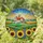 Grand White Farmhouse Red Roof Sunflowers Fields Distant Barn Landscape - Farmhouse Decor Gift Stained Glass Suncatcher - 1