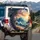 Turquoise Ocean Wave Breaking Sunset Sky Coastline Palm Trees - Coastal Lifestyle Decor Spare Tire Cover - 3