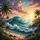 Turquoise Ocean Wave Breaking Sunset Sky Coastline Palm Trees - Coastal Lifestyle Decor Spare Tire Cover - 6