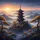 East Asian Pagoda Forested Mountain Twilight Sky Sun Landscape - Home Decor Gift Spare Tire Cover - 6