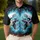 Symmetrically Mirrored White Skull Heads and Glowing Cyan Flames - Skull Lover Gift Men's Polo Shirt - 4