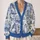 Blue Porcelain Cats and Floral Vignettes for Everyday Layering and Weekend Outings All-over Print Knitted Cardigan - 2