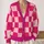 Pink White Checkerboard Blocks For Casual Street Style And Fall Layering For Women All-over Print Knitted Cardigan - 2